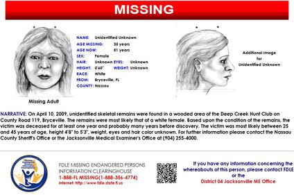 On April 10, 2009, the skeletal remains of an unidentified woman were found in Bryceville.