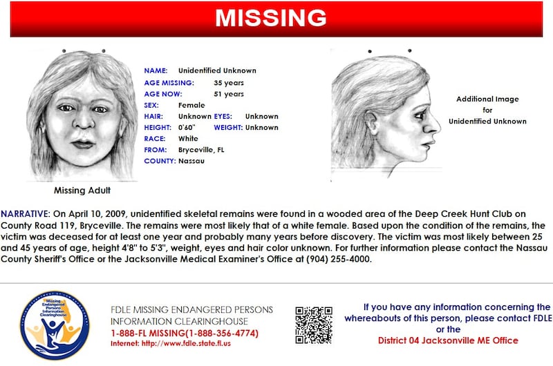 On April 10, 2009, the skeletal remains of an unidentified woman were found in Bryceville.