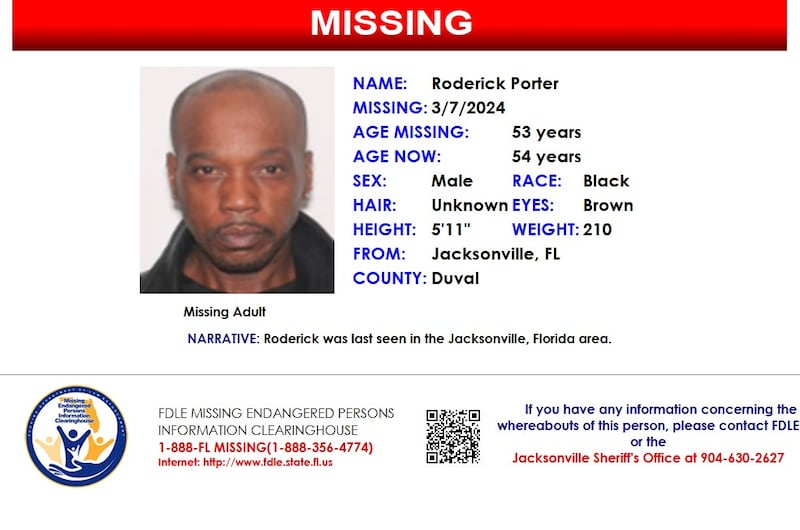 Roderick Porter was reported missing from Jacksonville on March 7, 2024.