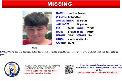 Jordan Bowen was reported missing from Jacksonville on Aug. 13, 2023.