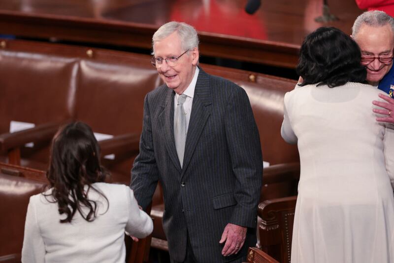 WASHINGTON, DC - MARCH 07: U.S. Senate Minority Leader Mitch McConnell (R-KY) arrives for U.S. President Joe Biden's State of the Union address at the U.S. Capitol on March 07, 2024 in Washington, DC. This is Biden’s last State of the Union address before the general election this coming November. (Photo by Win McNamee/Getty Images)