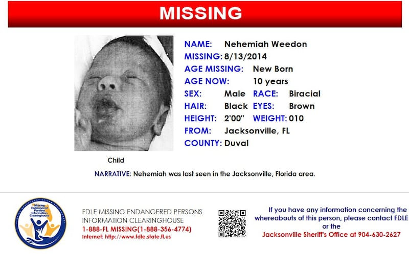 Nehemiah Weedon was reported missing from Jacksonville on Aug. 13, 2014.