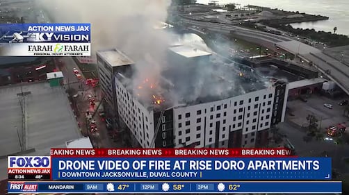 Jacksonville Fire and Rescue Department firefighters have been fighting a fire at the still-under-construction Rise Doro apartments in Downtown Jacksonville since Sunday night.