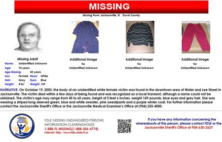 The body of an unidentified woman was found in Jacksonville on Oct. 19, 2003.