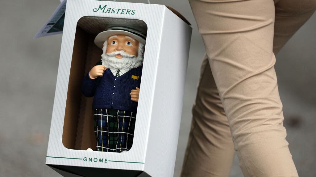 AUGUSTA, GEORGIA - APRIL 11: A patron holds a Masters Gnome during the first round of the 2024 Masters Tournament at Augusta National Golf Club on April 11, 2024 in Augusta, Georgia. (Photo by Andrew Redington/Getty Images)