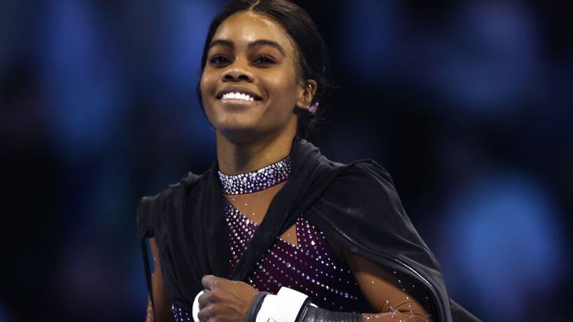 HARTFORD, CONNECTICUT - MAY 18: Gabby Douglas looks on prior to the 2024 Core Hydration Classic at XL Center on May 18, 2024 in Hartford, Connecticut. (Photo by Tim Nwachukwu/Getty Images)