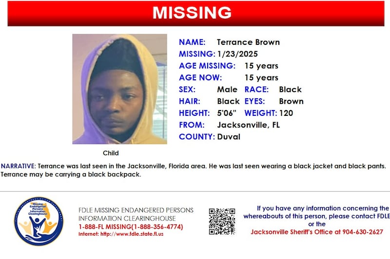 Terrance Brown was reported missing from Jacksonville on Jan. 23, 2025.