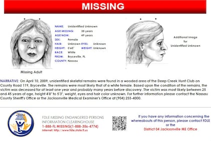 On April 10, 2009, the skeletal remains of an unidentified woman were found in Bryceville.