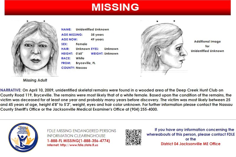 On April 10, 2009, the skeletal remains of an unidentified woman were found in Bryceville.