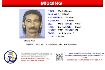 Mark Gibson was reported missing from Jacksonville on March 12, 2008.