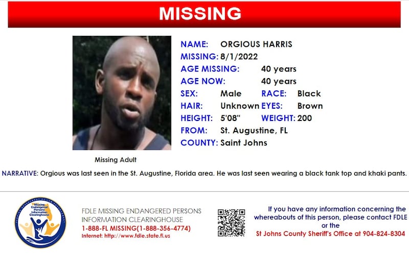 Orgious Harris was reported missing from St. Augustine on Aug. 1, 2022.