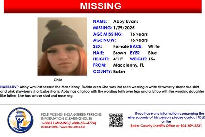 Abby Evans was reported missing from Macclenny on Jan. 29, 2025.