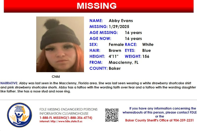 Abby Evans was reported missing from Macclenny on Jan. 29, 2025.