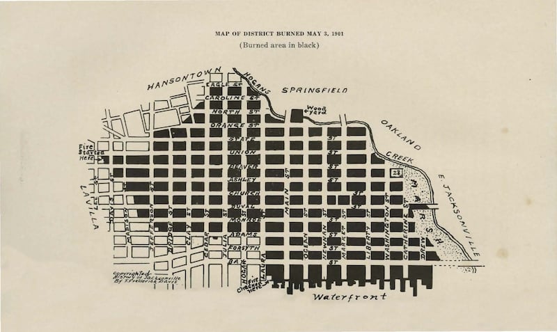 A map of the burned out city blocks as a result of the fire.