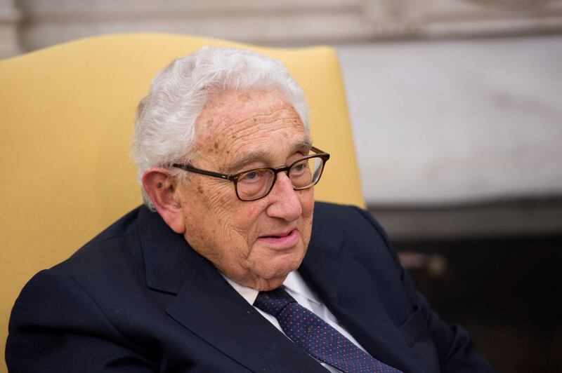 WASHINGTON, DC - MAY 10: (AFP-OUT) Former Secretary of State Henry Kissinger meets with President Donald Trump in the Oval Office at the White House on May 10, 2017 in Washington, DC. (Photo by Molly Riley-Pool/Getty Images)