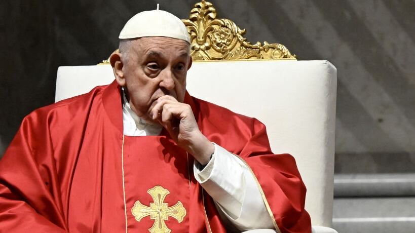 Pope Francis presides the Passion of the Lord mass on Good Friday as part of the Holy Week celebrations, at St Peter's Basilica in the Vatican on March 29, 2024. (Photo by Filippo MONTEFORTE / AFP) (Photo by FILIPPO MONTEFORTE/AFP via Getty Images)