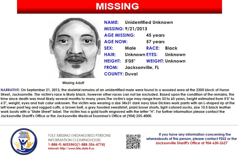 On Sept. 21, 2013, the skeletal remains of an unidentified man were found in Jacksonville.