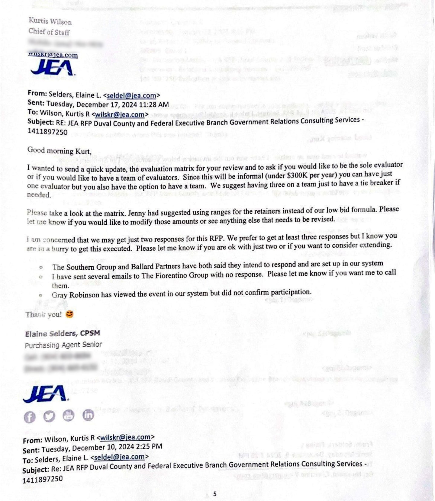 In a Dec. 17, 2024 email, before Ballard was chosen, Wilson was informed by JEA procurement that he could be the sole evaluator.