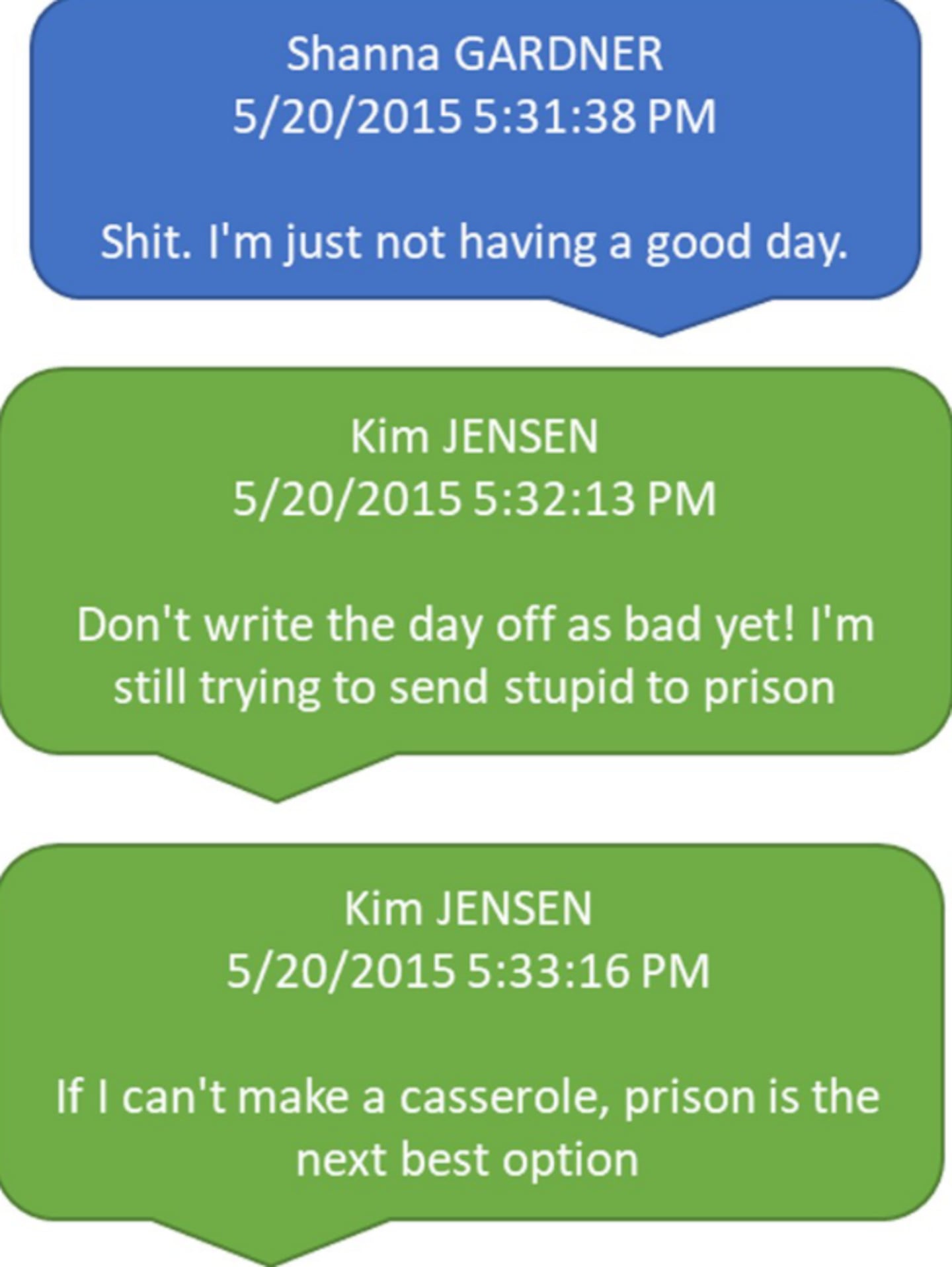Shanna Gardner and Kim Jensen text exchange