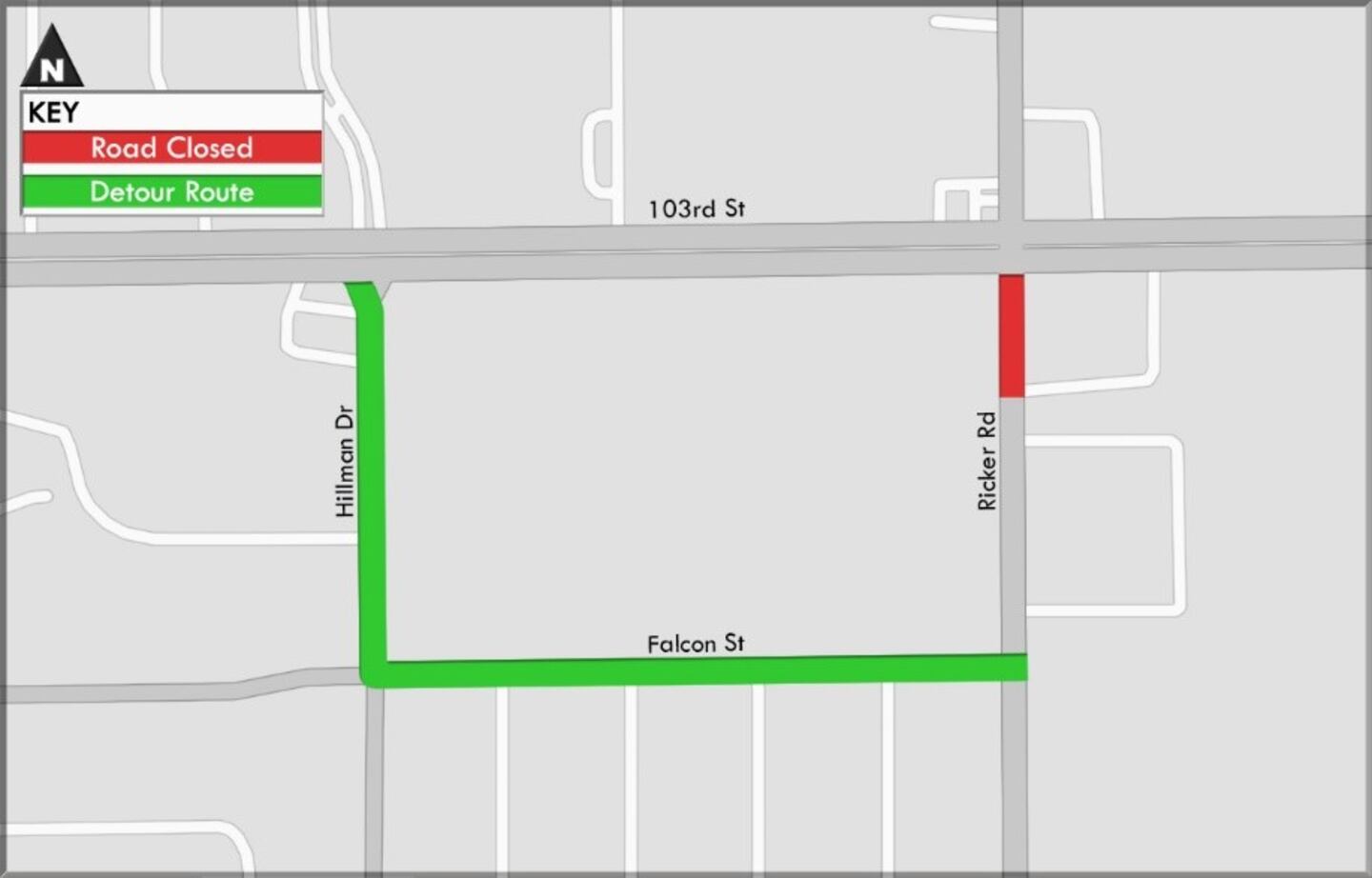 Northbound Ricker Road traffic detour via Falcon Street and Hillman Drive.