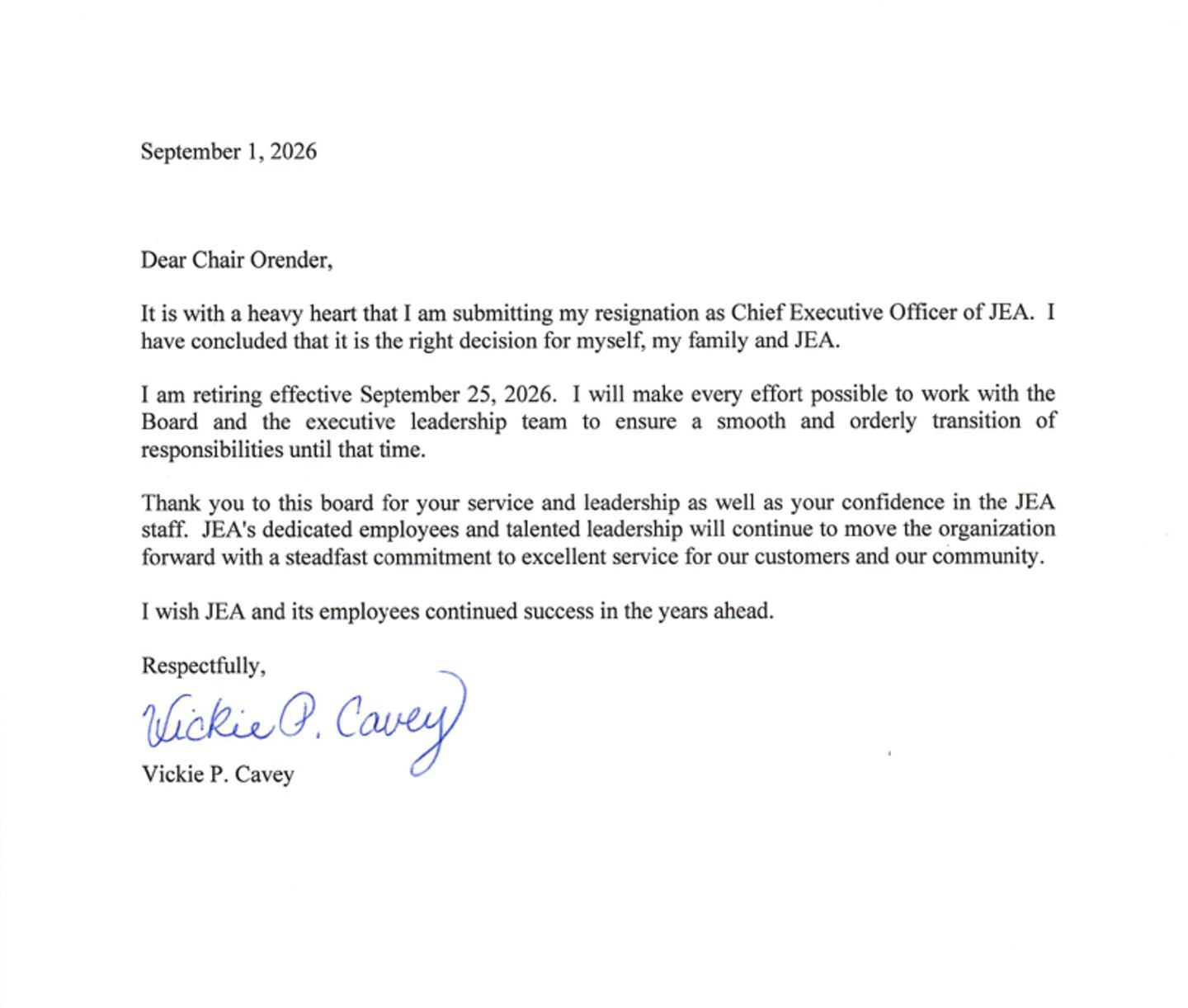 JEA CEO Vickie Cavey resignation letter