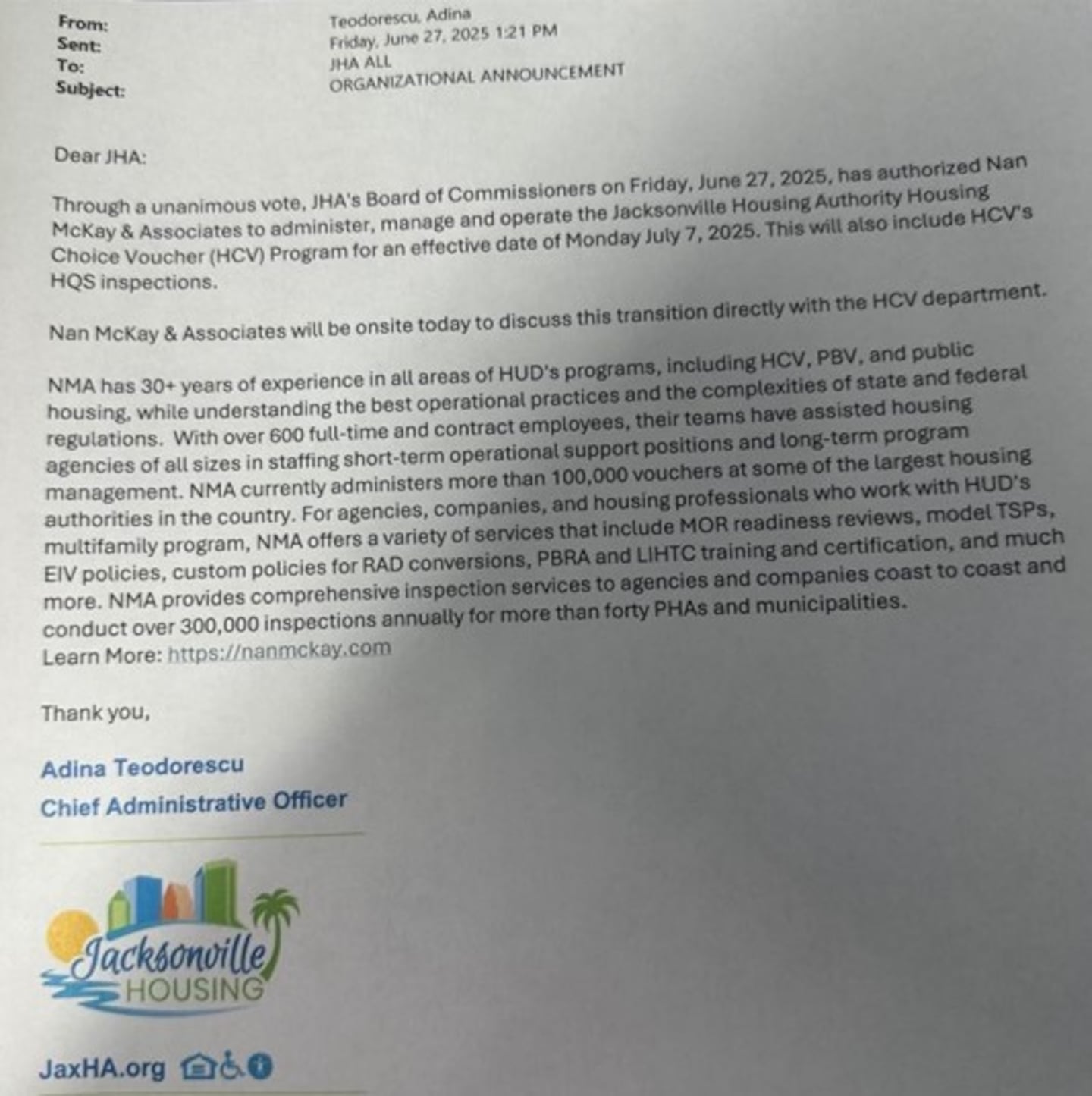 JHA CAO letter detailing changes to the Housing Choice Voucher program