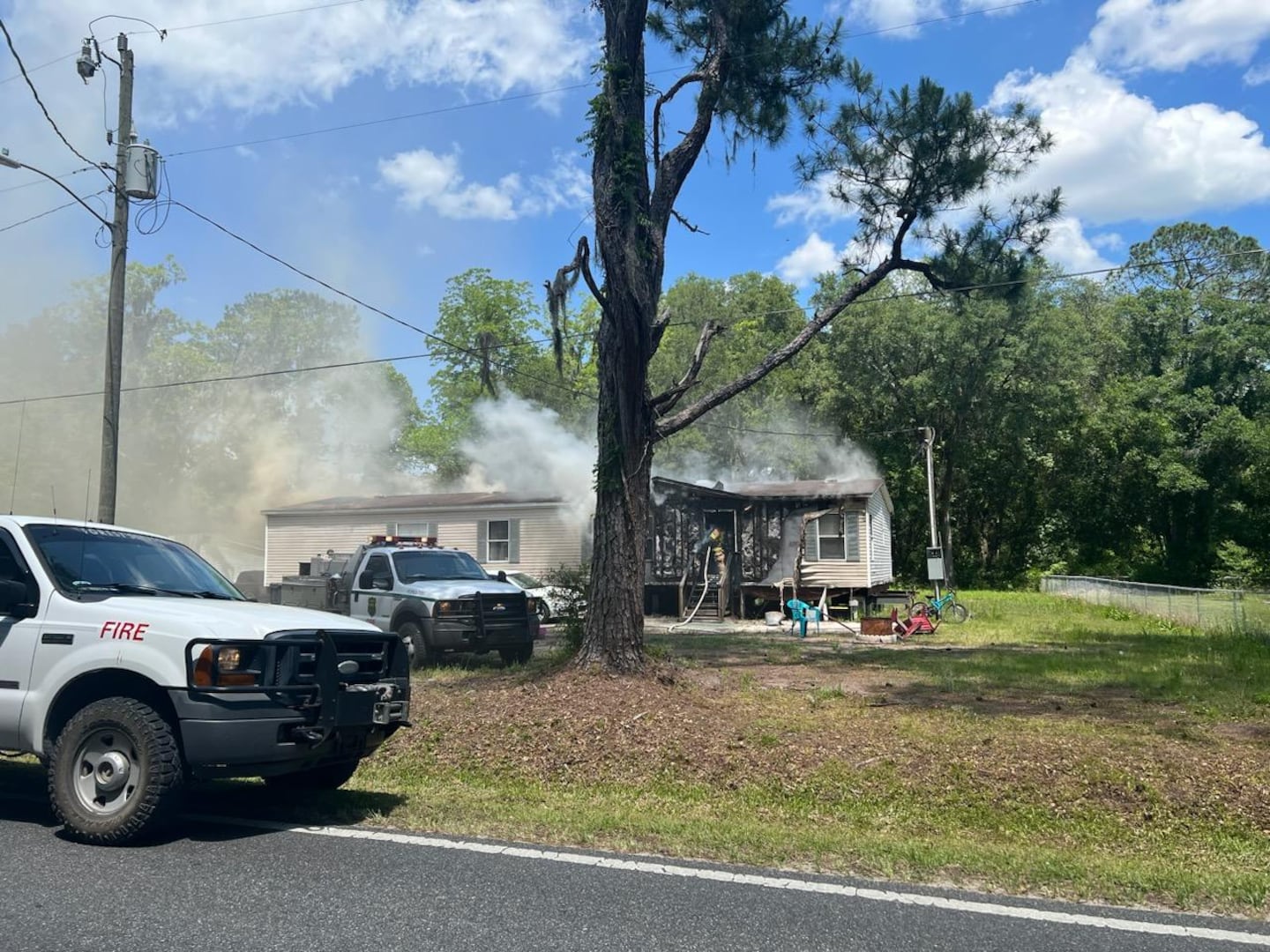 Union County Deputies received the call for assistance to S. CR 229 to a doublewide trailer fully engulfed in flames.