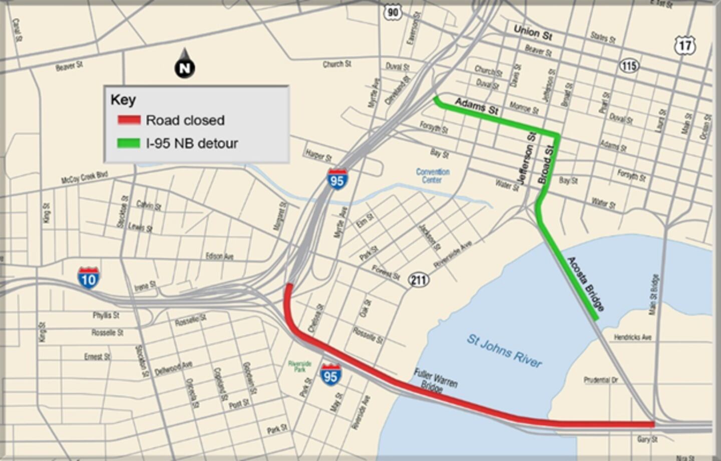 FDOT has published a detour map for those looking to take the Fuller Warren Bridge during overnight construction.