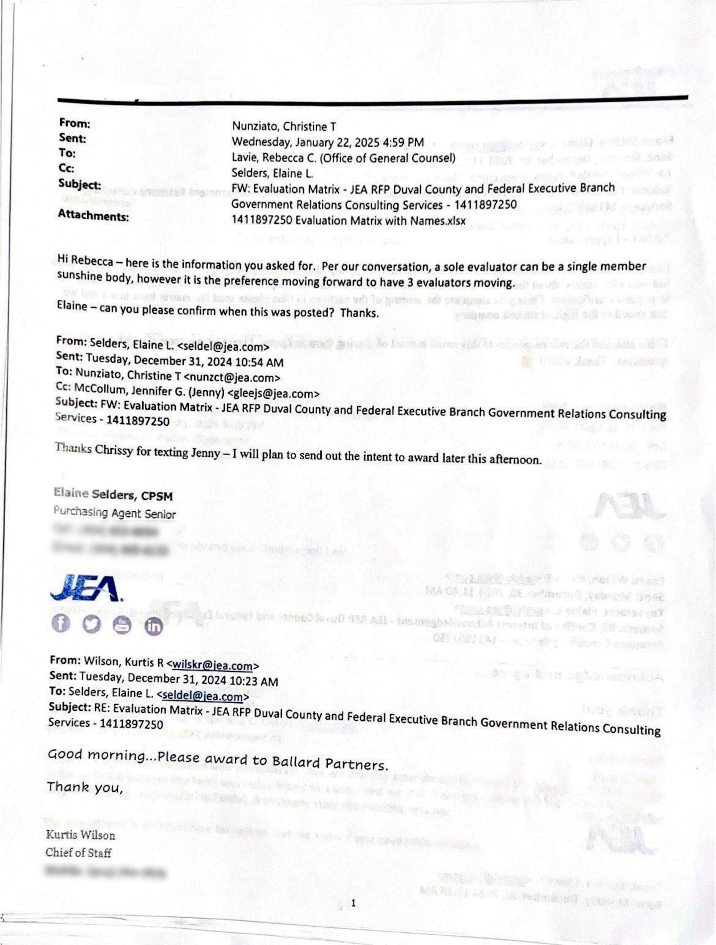 On Dec. 31, 2024, Wilson wrote: “Good morning … please award to Ballard partners.”