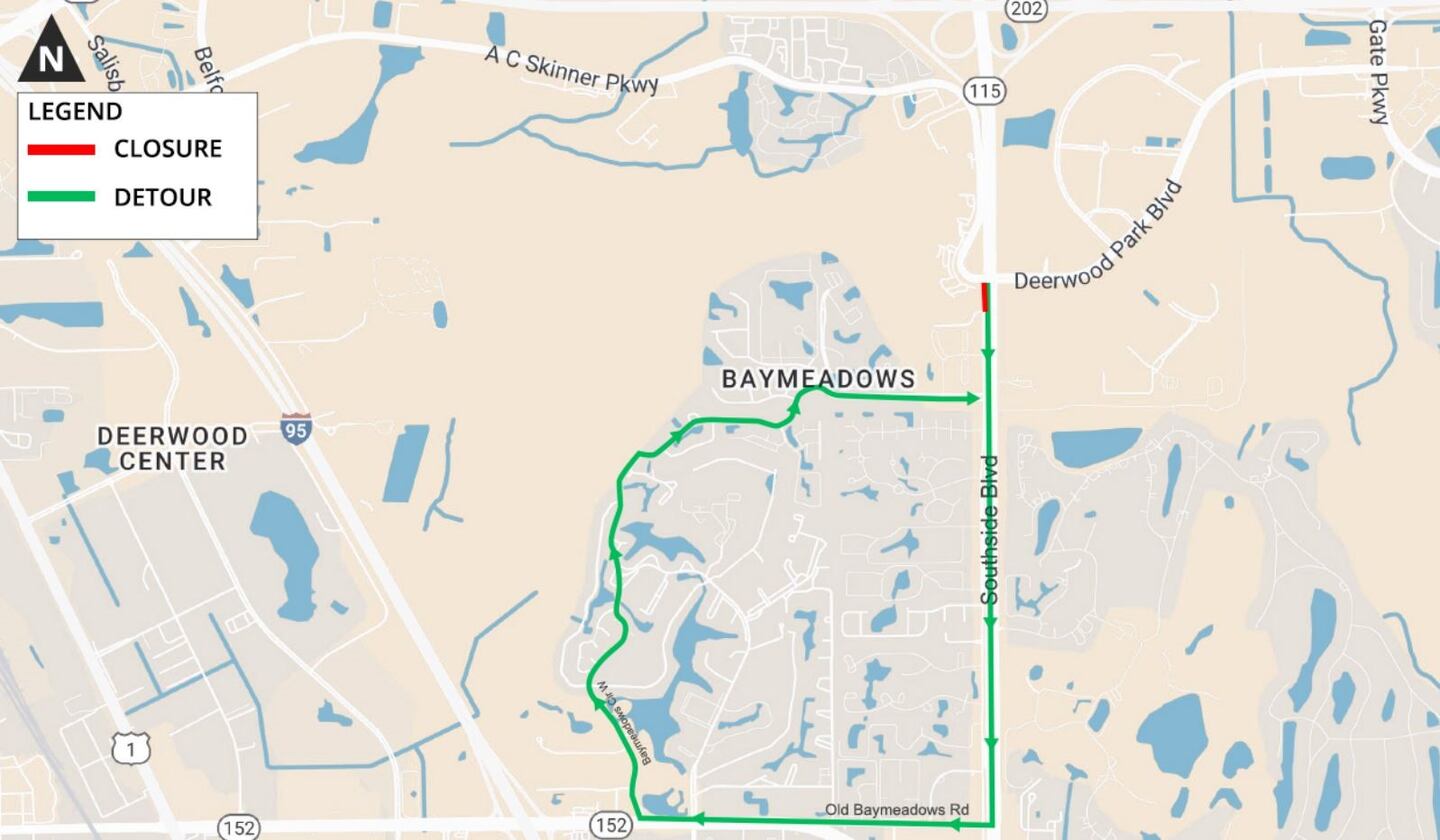 Overnight detours of Southside Boulevard service road entrance scheduled for Aug. 14 and Aug. 15.