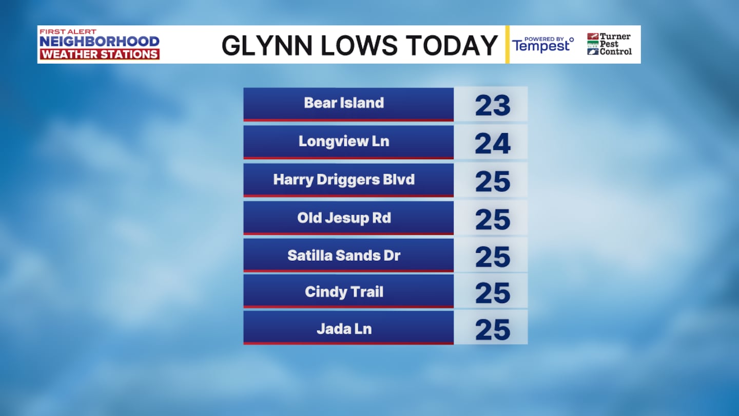 Glynn low temperatures, early Tuesday 1/27/26