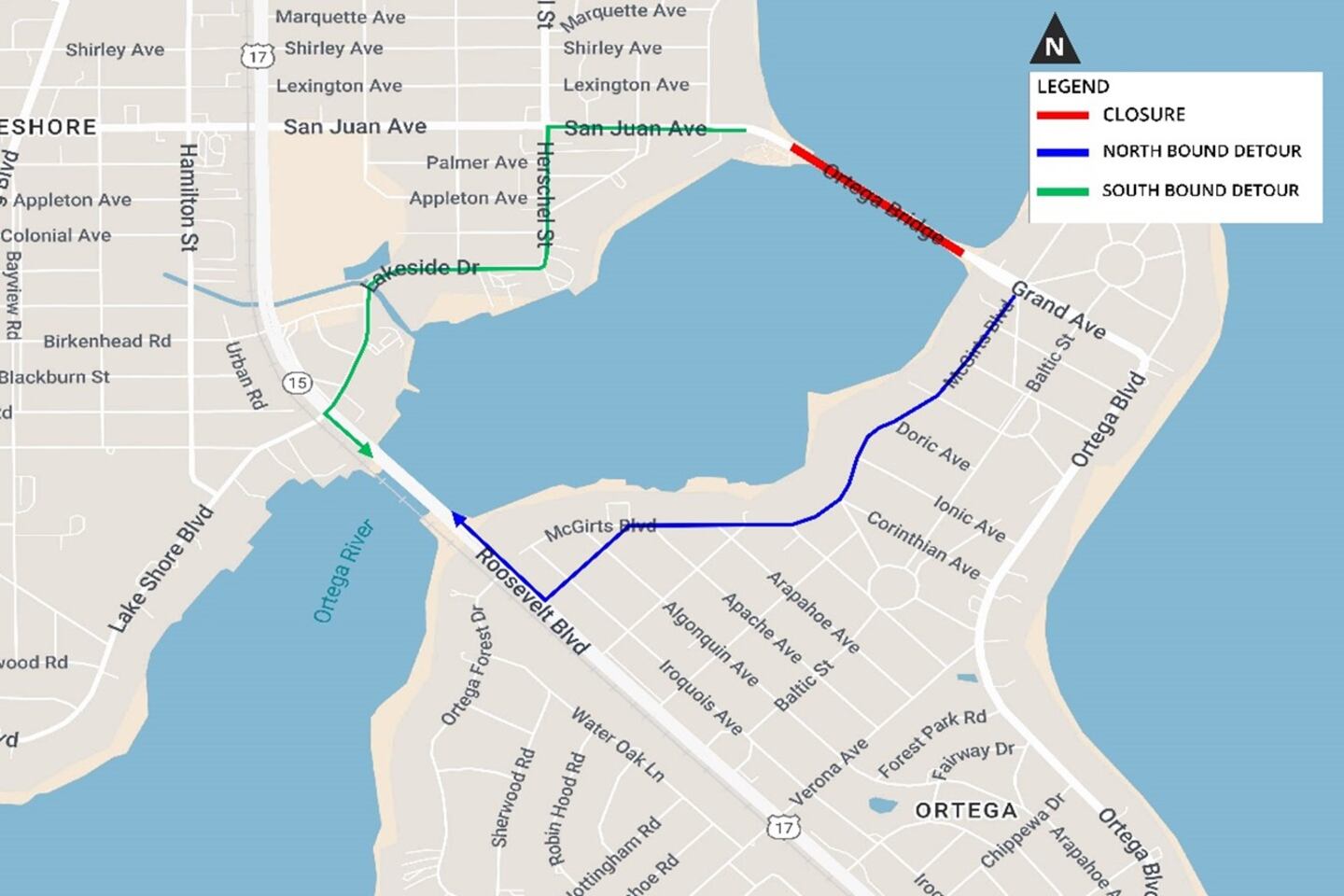 Map shows the detour drivers should take to cross the Ortega River