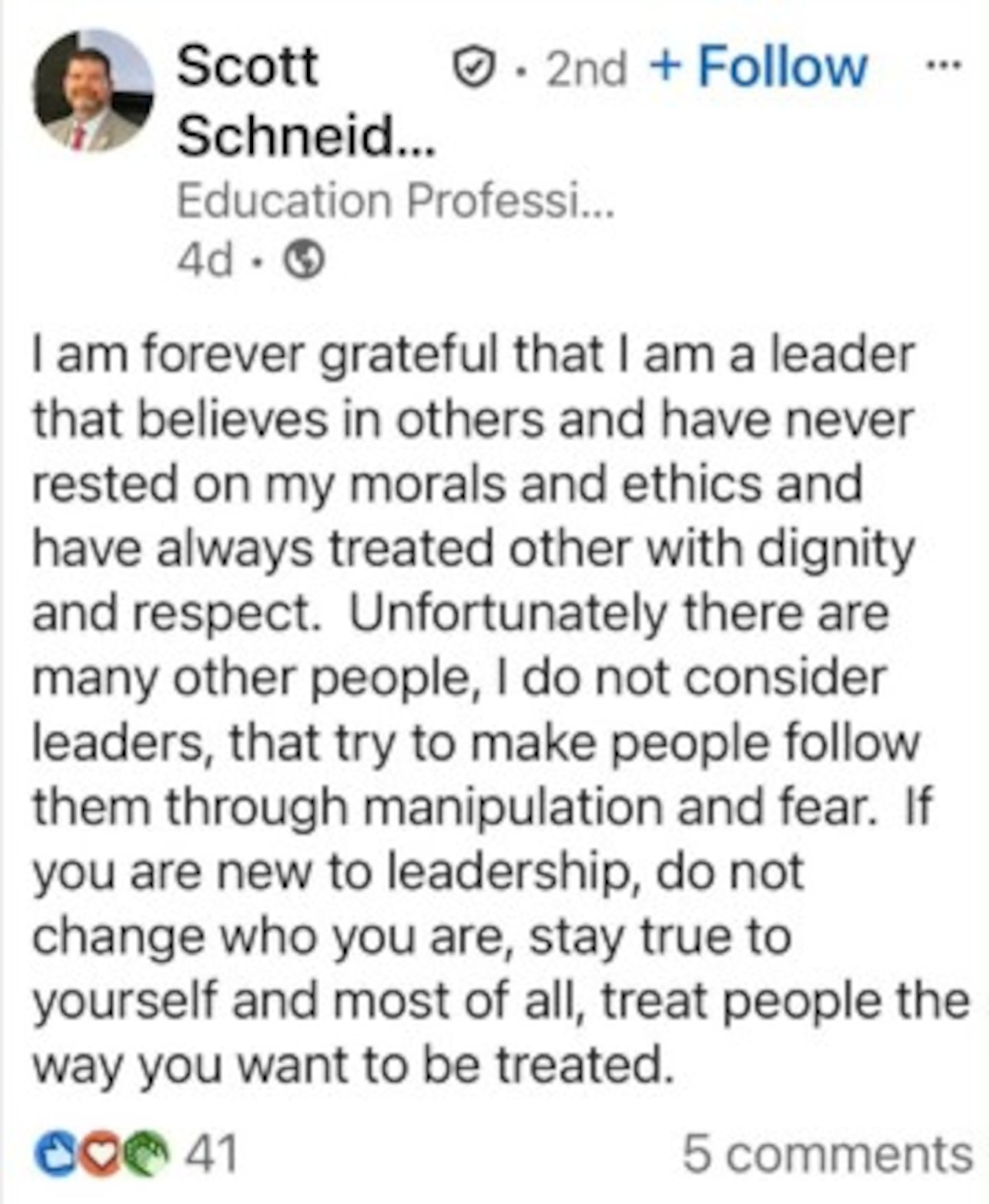 Scott Schneider LinkedIn post