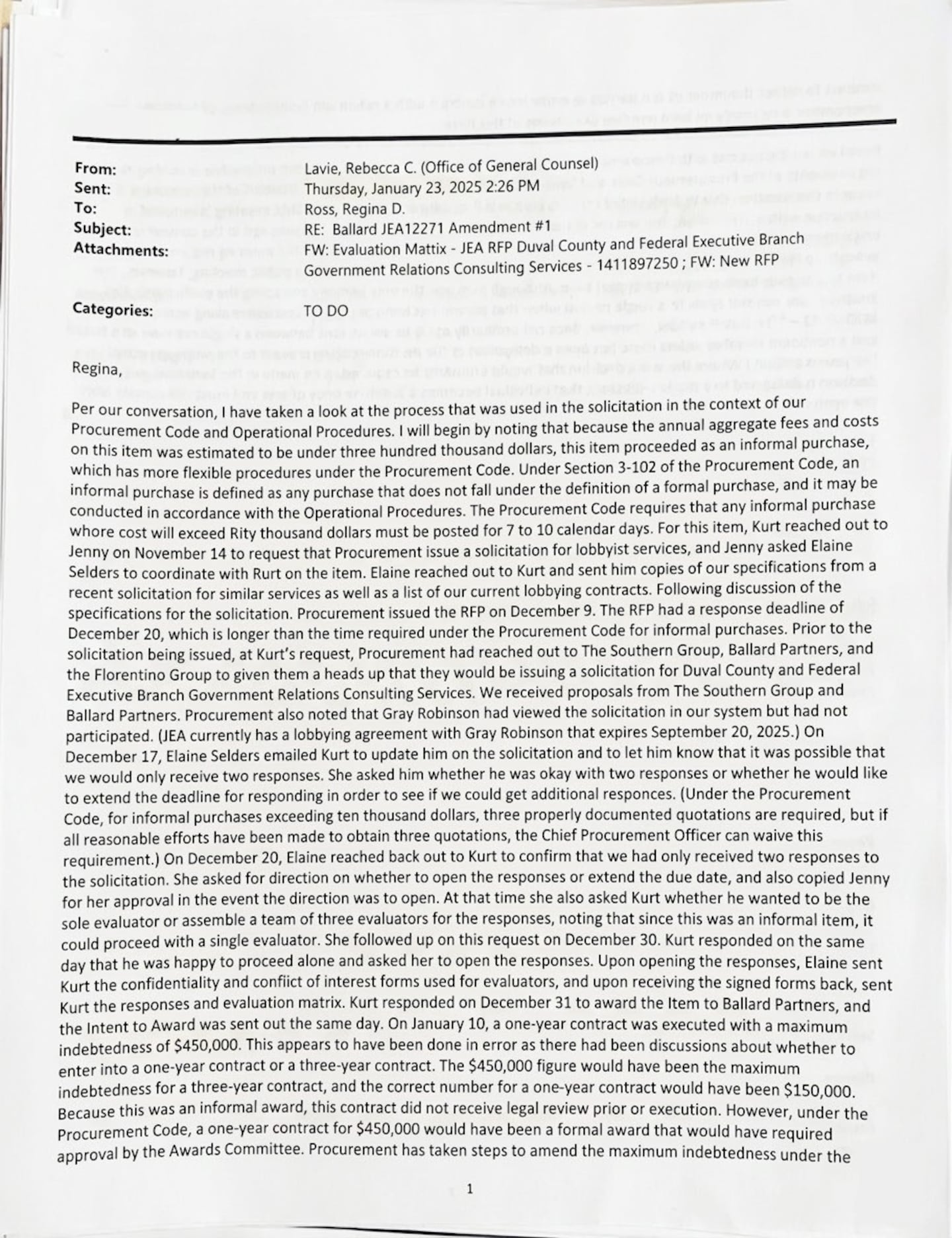 On Jan. 23, 2025, General Counsel wrote $450,000 “did not receive legal review” because it was above the allowable amount for a year.