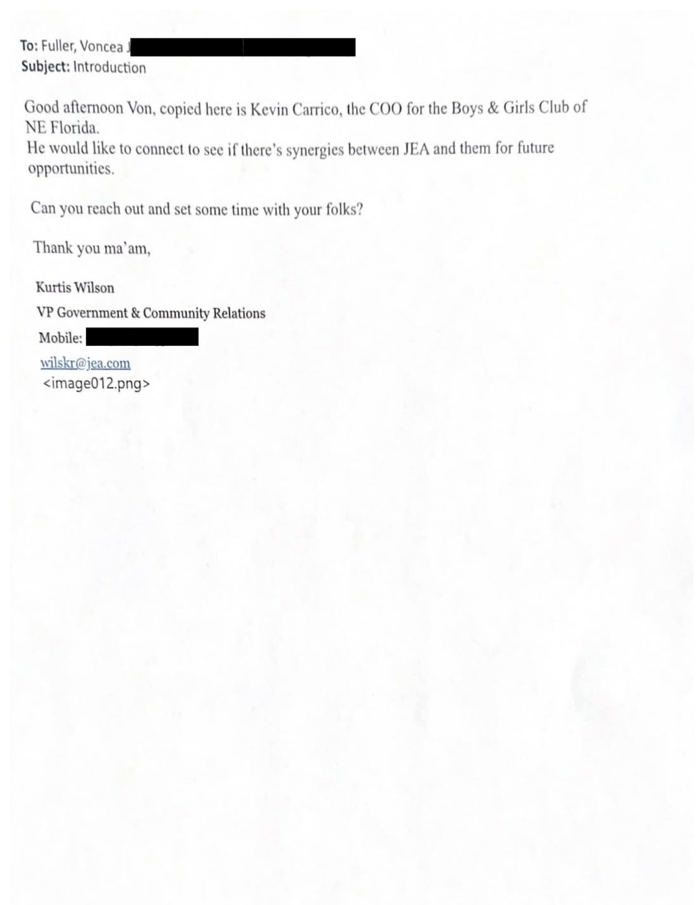 The emails show Carrico and former JEA chief of staff Kurt Wilson, who Carrico has publicly supported amid the JEA claims, had prior coordination related to community engagement efforts.