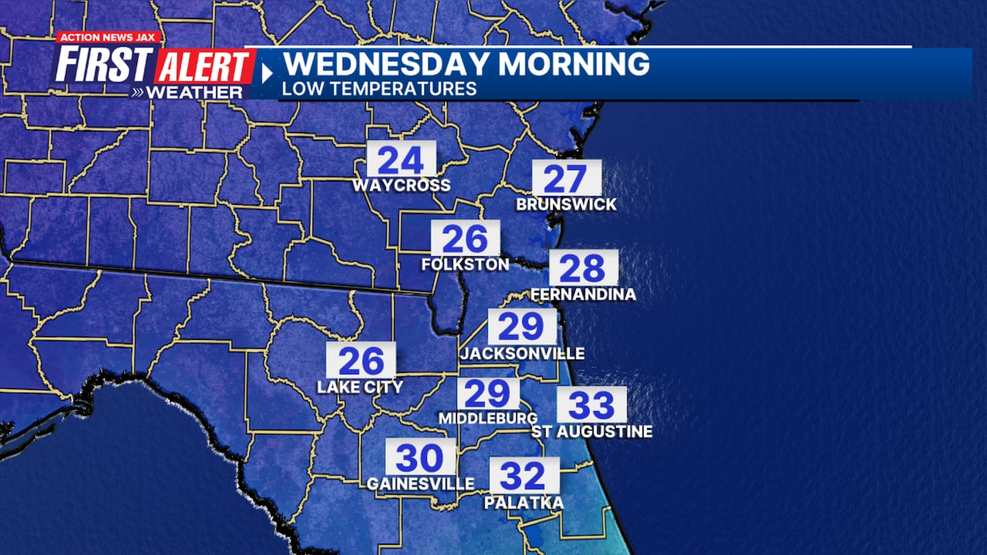 Forecast low temperatures for Wednesday morning