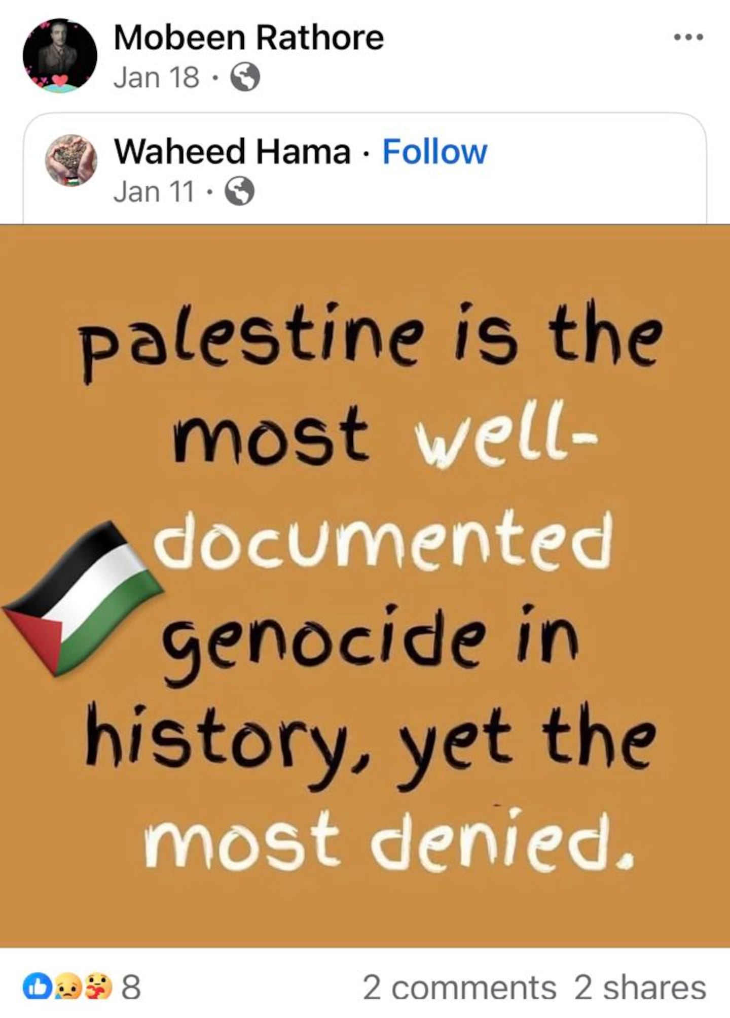 Rathore shared a post saying "Palestine is the most well-documented genocide in history, yet the most denied."