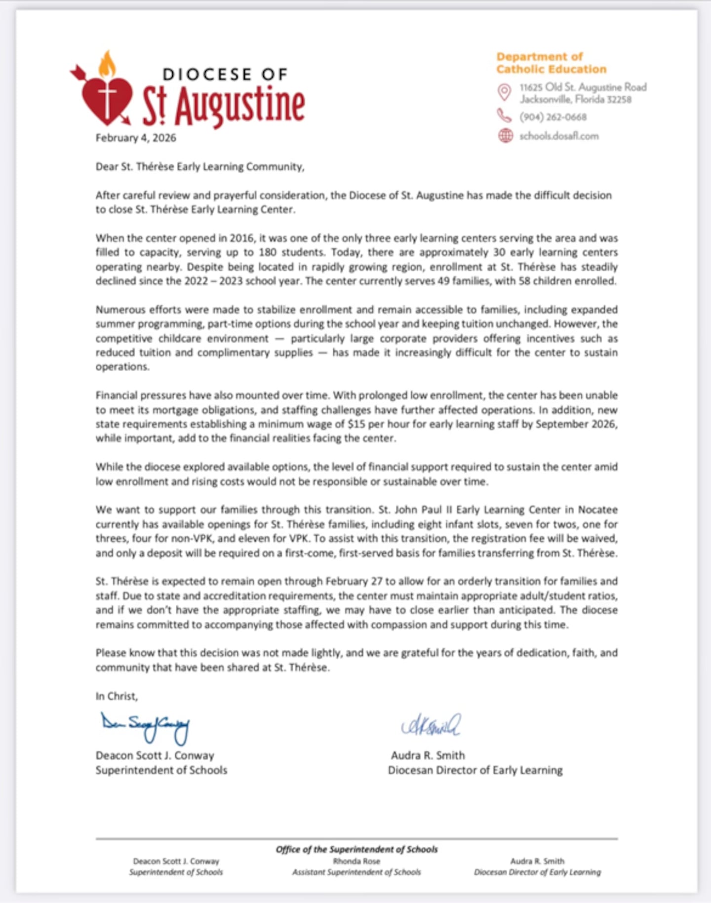 St. Thérèse of the Child Jesus Early Learning Center closure letter