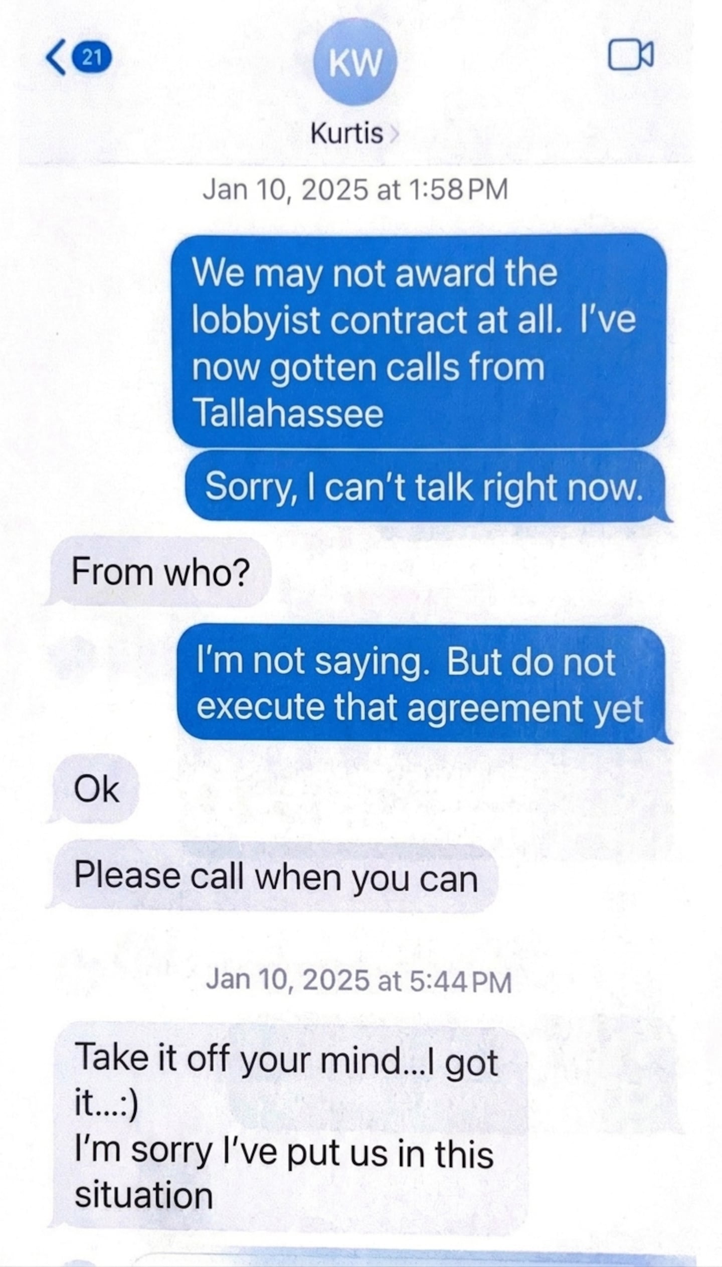 Ten days later, a one-year, $450,000 contract was executed, but then there was this text message exchange between Cavey and Wilson:
