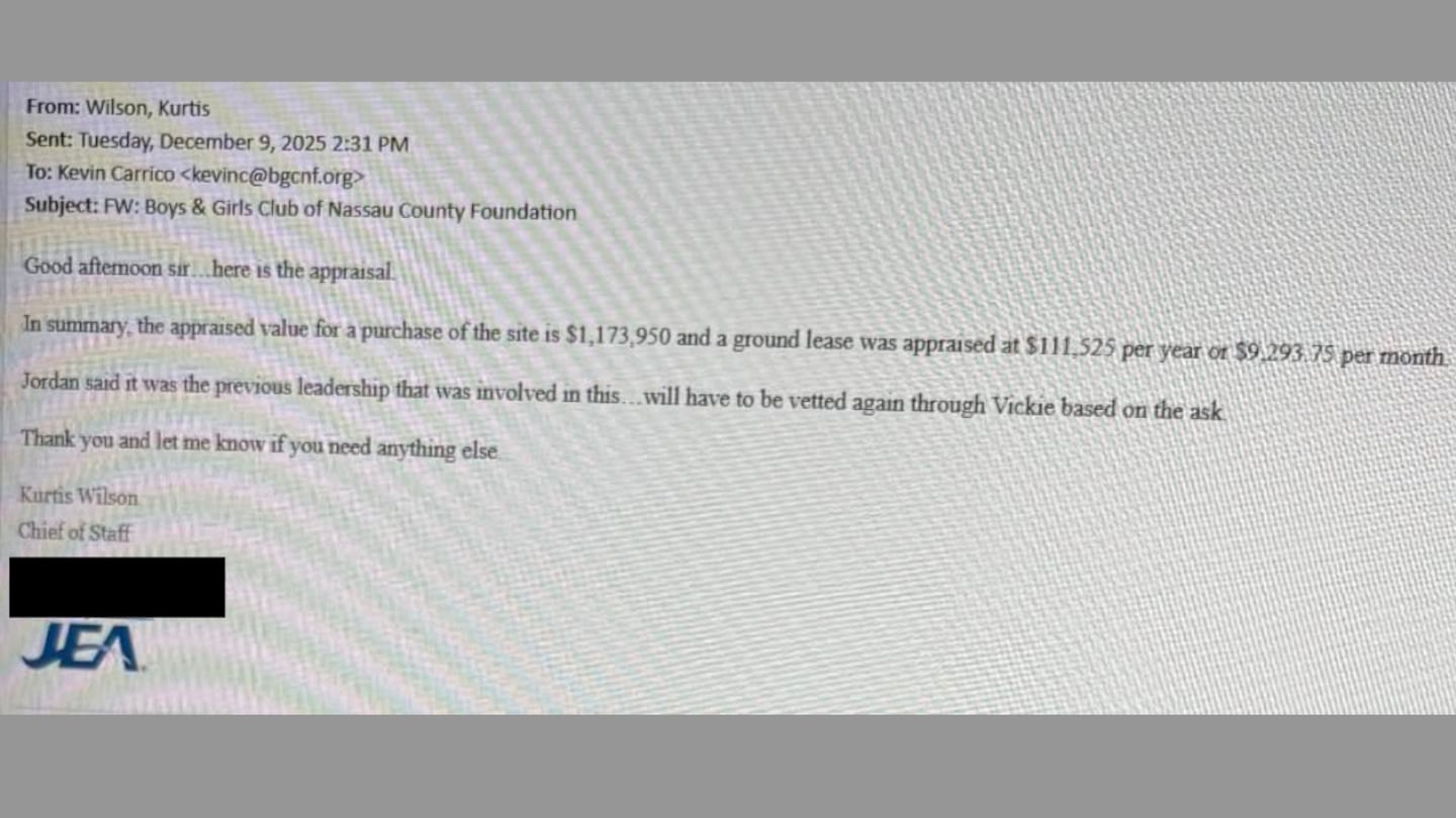 The email shows former JEA Chief of Staff Kurt Wilson sent Carrico a land appraisal in December 2025 tied to property on William Burgess Boulevard near Yulee Middle and High Schools in Nassau County.