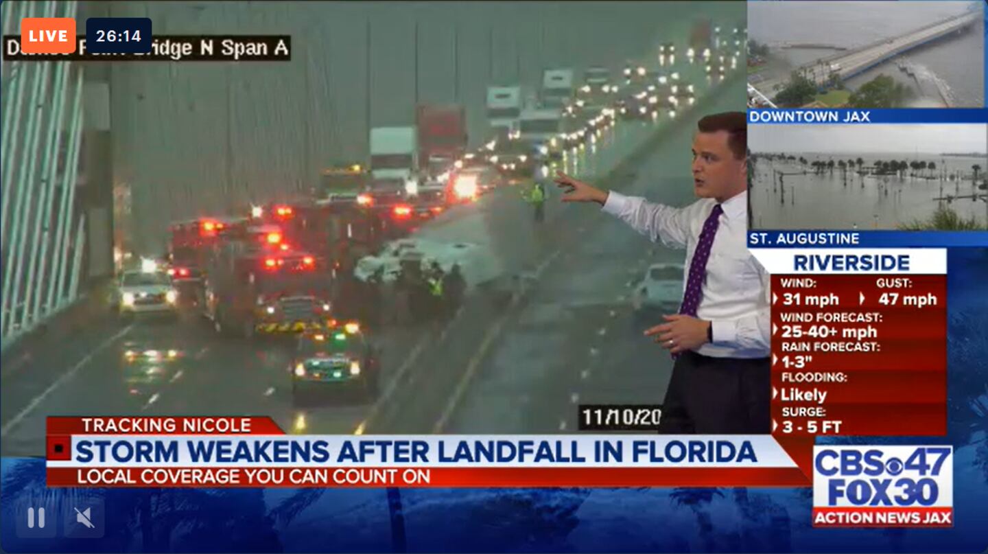 Semi on its side on Dames Point Bridge