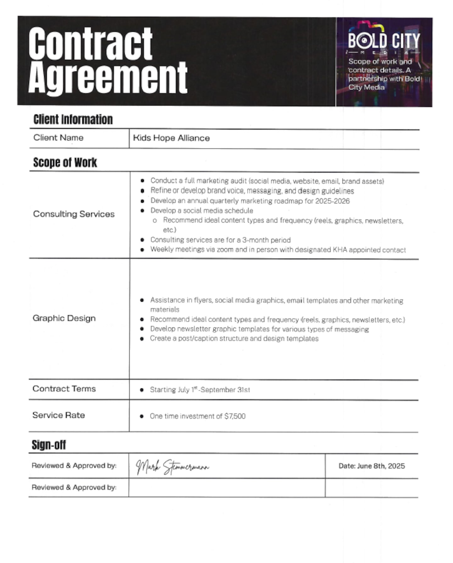 Bold City Media contract with Kids Hope Alliance