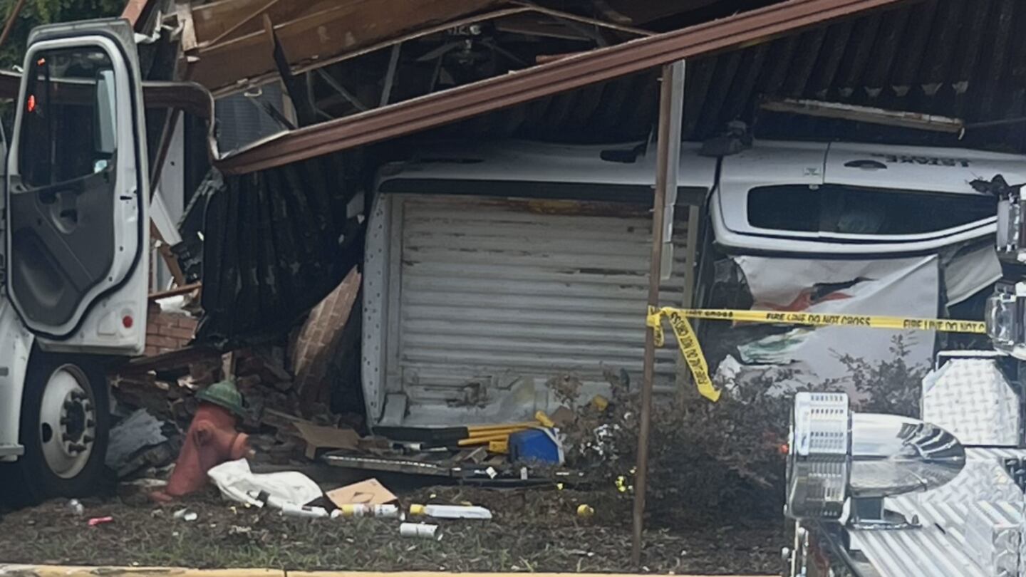 Truck crashed into Brunswick building while owner was inside.