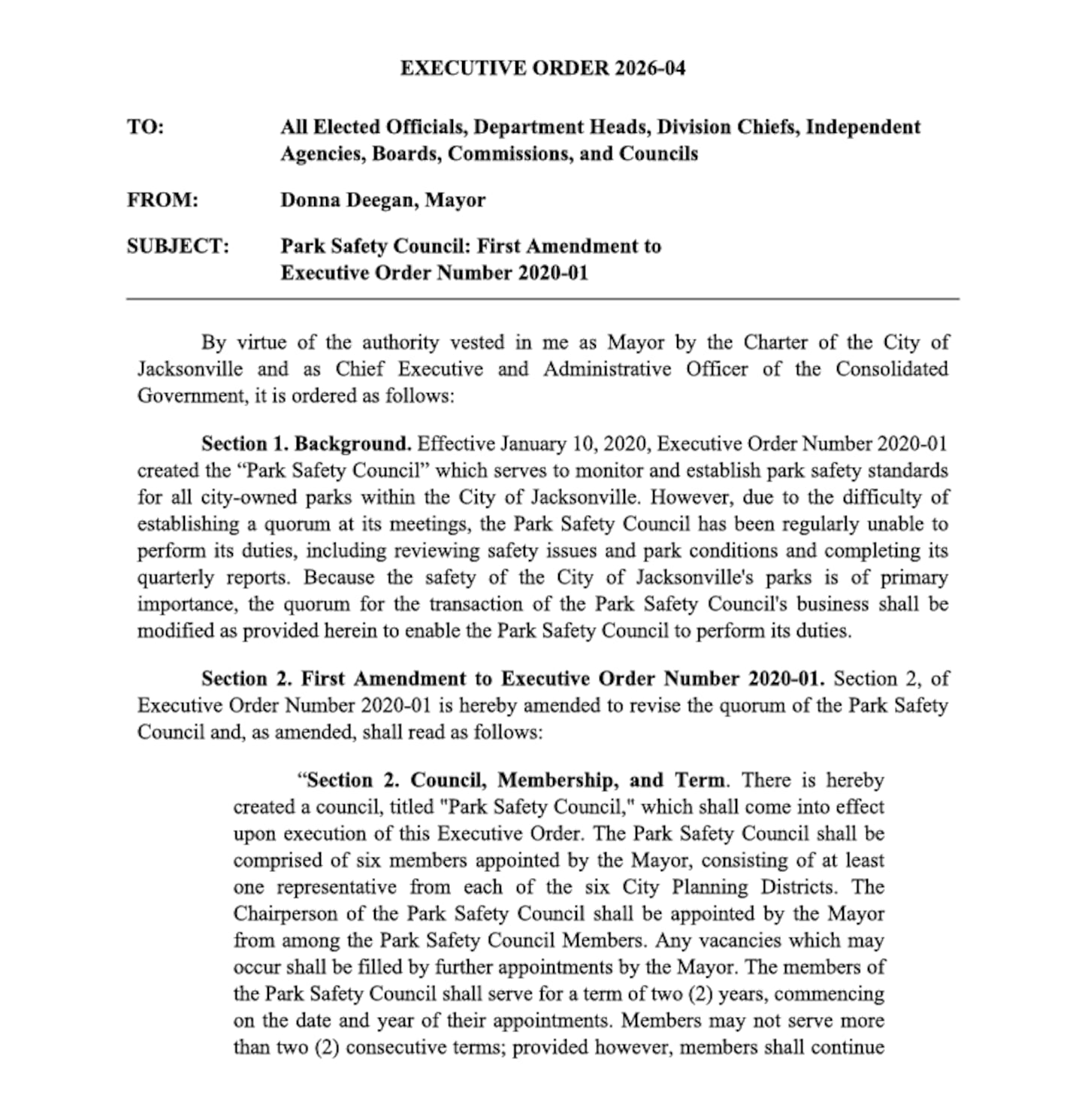 Park Safety Council Executive Order, Page 1