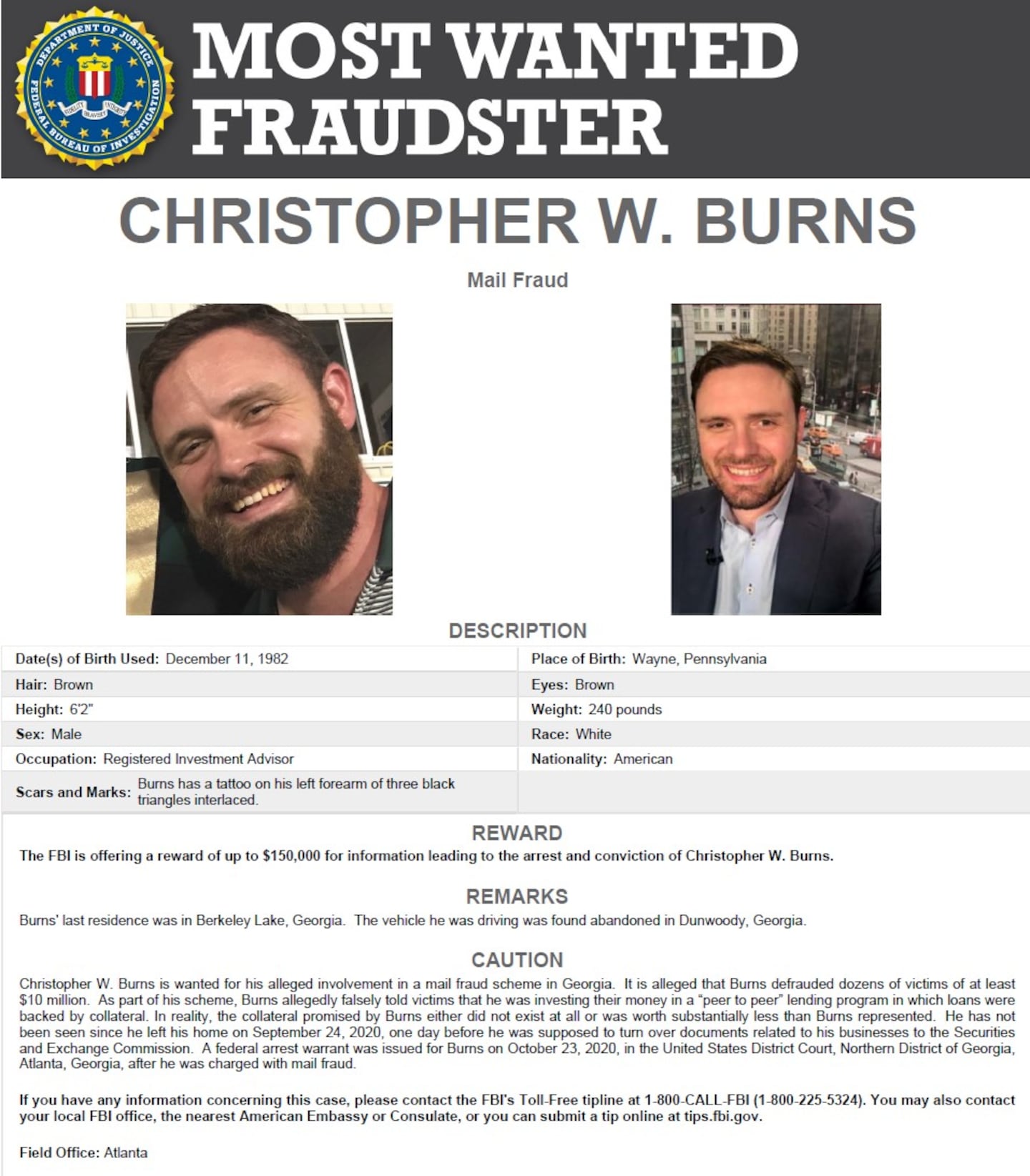 FBI Most Wanted Fraudster: Christopher W. Burns