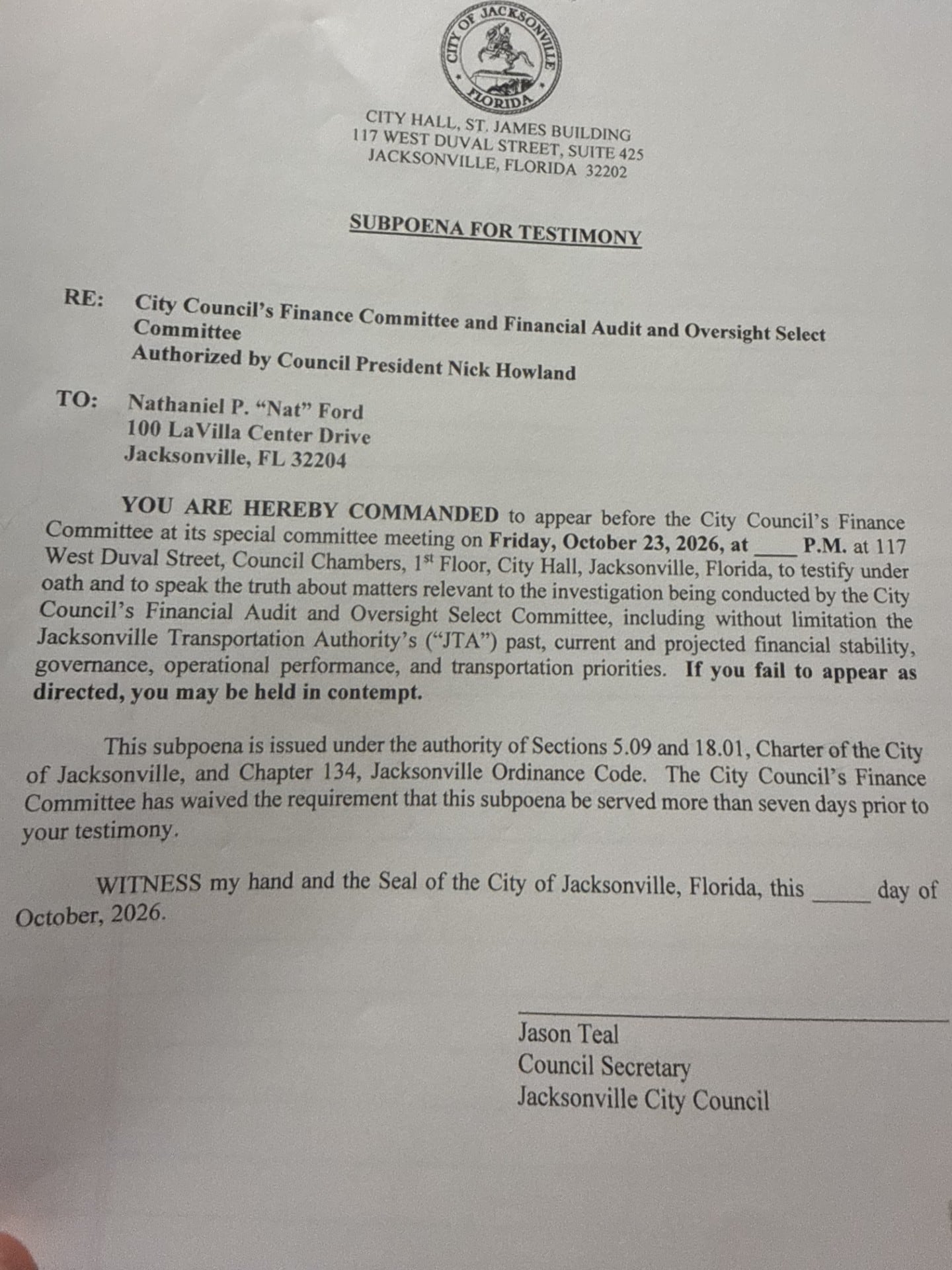 Nat Ford subpoena for testimony