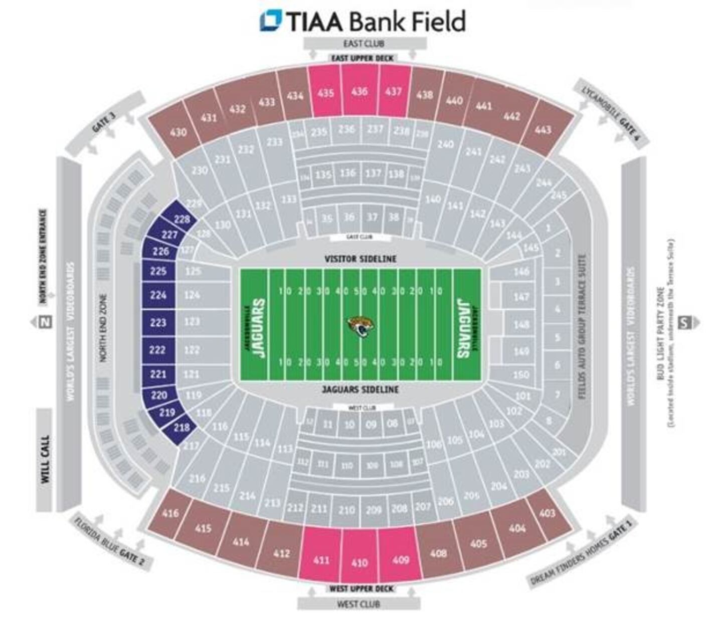 JHS Give & Go tickets are for seats located in the North End Zone 200 level (blue) for most games, and some games tickets are located in the Upper Deck, 400 Level (brown).