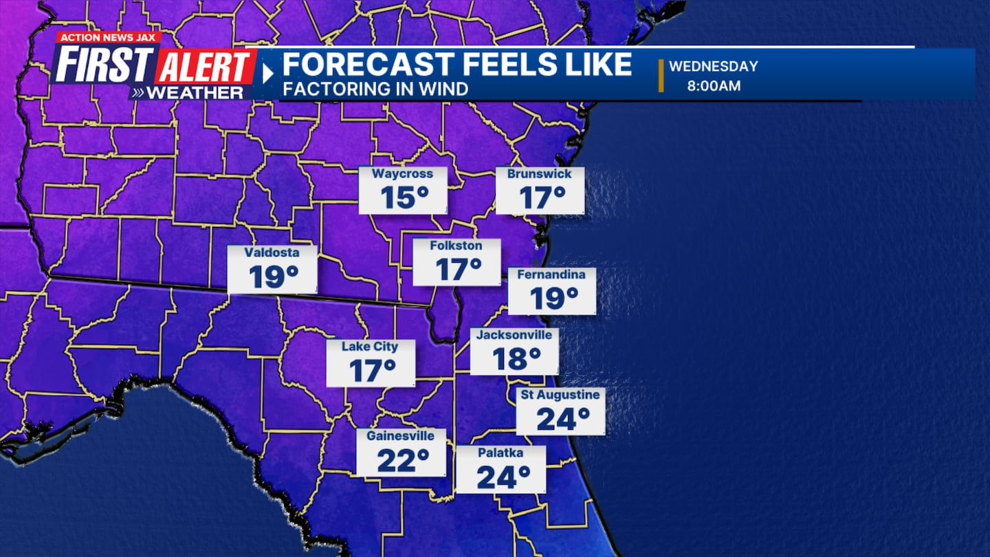 Feels like temperatures for Wednesday morning