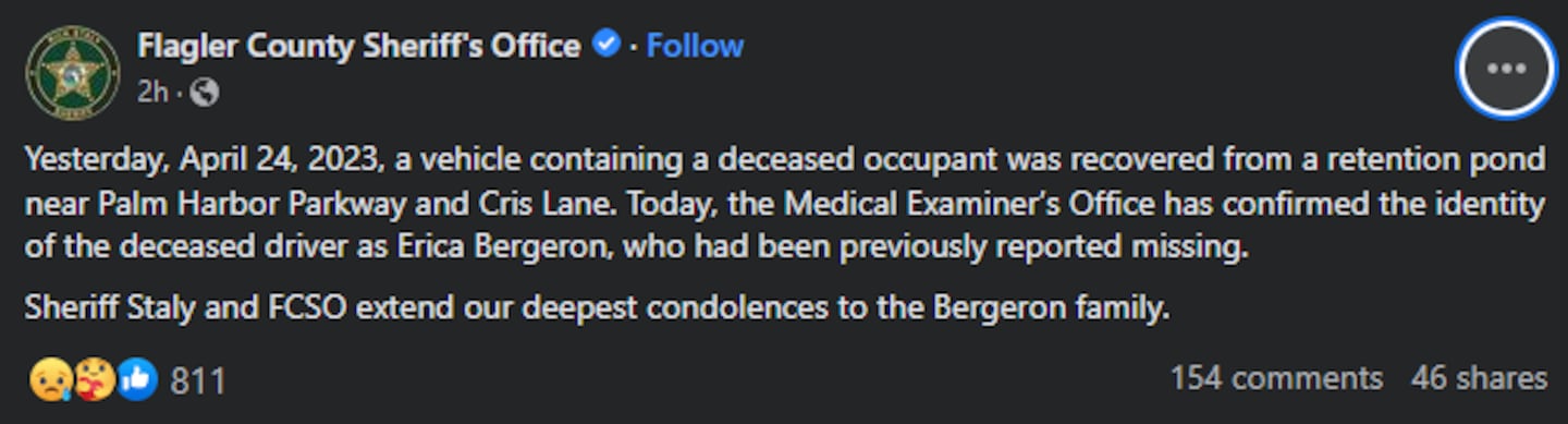 Flagler County Sheriff's Office confirmed the identity of the deceased driver found in a Flagler County pond on Monday.