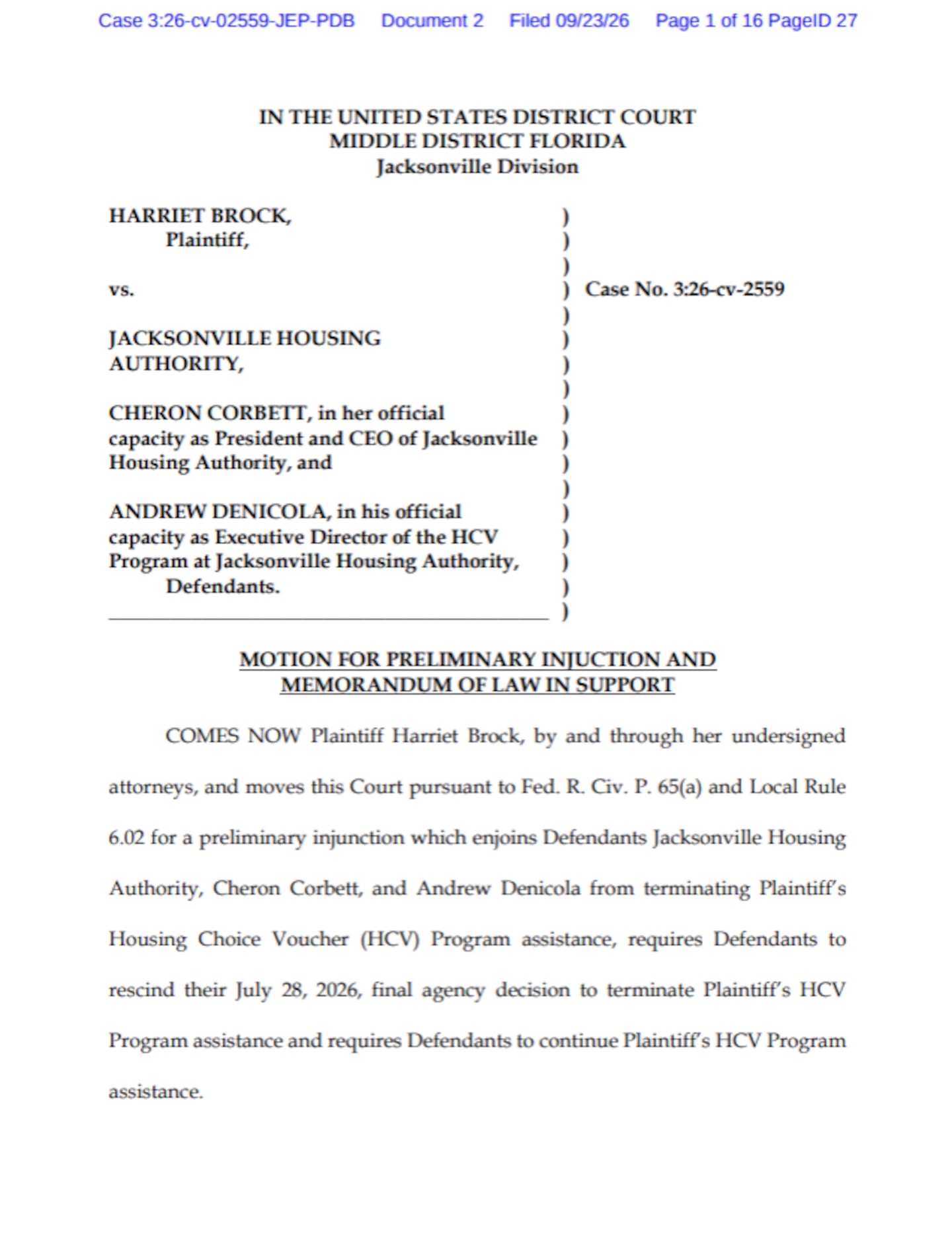 Harriet Brock lawsuit against Jacksonville Housing Authority
